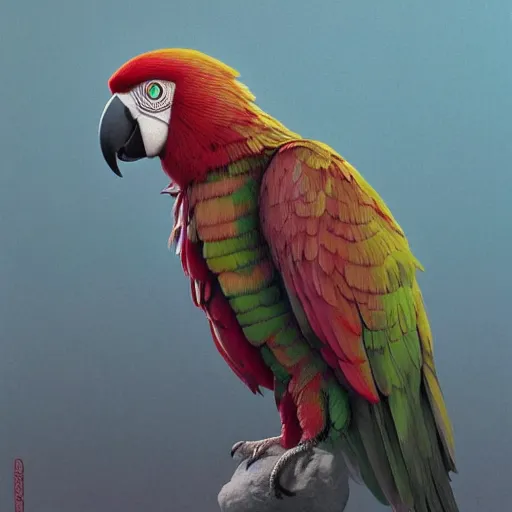 Image similar to creepy paranoid parrot, ethereal, extremely high detail, photorealistic, cinematic lighting, artstation, octane render, art by Zdzisław Beksiński