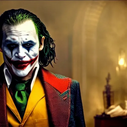 Image similar to stunning awe inspiring johnny depp playing the joker movie still 8 k hdr atmospheric lighting