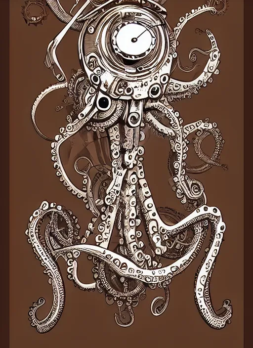 Image similar to steampunk clockwork robotic octopus, hand drawn illustration, old - fashioned poster style, highly detailed vector art