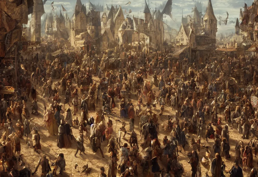 Prompt: photography crowd of emma watsons fight with nicholas cage in a medieval market detailed matte painting,