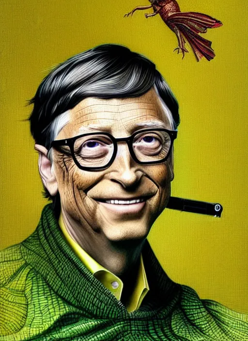 Image similar to bill gates as a reptile with green scales and yellow vertical pupills!!!, holding a syringe!!, portrait, intricate, elegant, highly detailed, digital painting, artstation, concept art, wallpaper, smooth, sharp focus, illustration, art by h. r. giger and artgerm and greg rutkowski and alphonse mucha