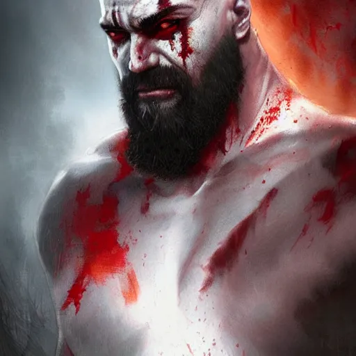 Prompt: kratos portrait, bleeding, by greg rutkowski, cinematic view, great light