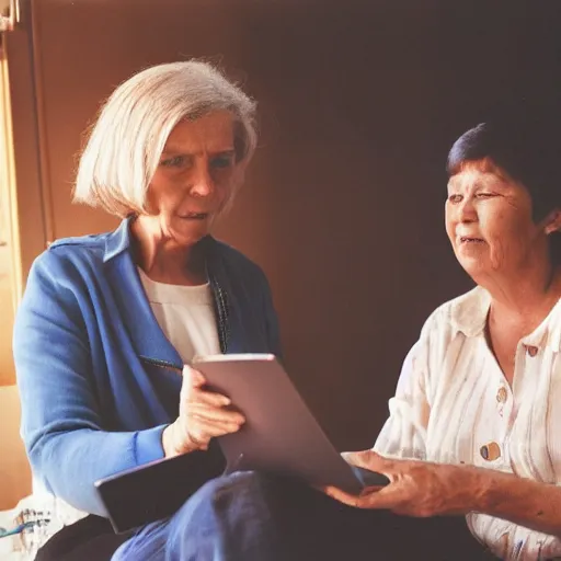 Image similar to a woman showing her mother how ai works, professional photo, 3 5 mm