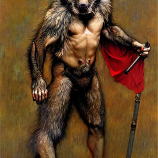 Image similar to a male ratwolfman rat wolf man in a red kimono furry arms furry body walking stick new york. furaffinity furry art detailed face painting by gaston bussiere craig mullins jc leyendecker gustav klimt artgerm greg rutkowski furry