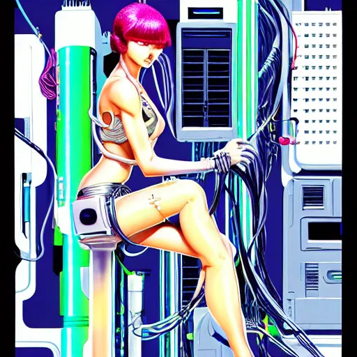 Image similar to a detailed airbrush cyberpunk illustration of a female android seated on the floor in a tech labor, seen from the side with her body open showing cables and wires coming out, by masamune shirow, hajime sorayama, boris vallejo and katsuhiro otomo, japan, 1980s, dark, colorful