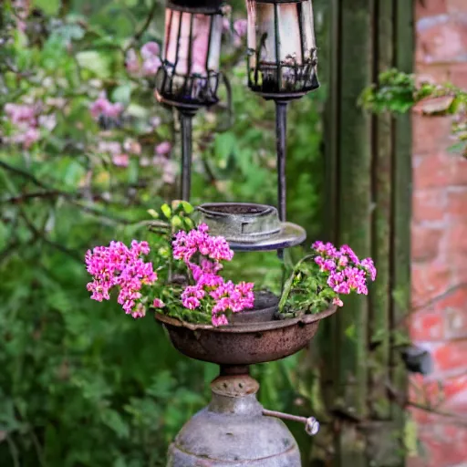 Prompt: flowers growing out of a decayed lamp