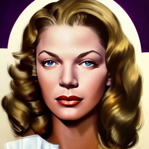 Image similar to young beautiful lauren bacall color studio publicity photo , tight face shot portrait, highly detailed, digital painting, artstation, concept art, sharp focus, illustration, art , by norman rockwell