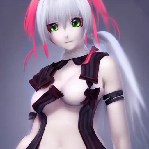 Prompt: anime girl, 3 d rendered, red eyes, white haired, horn on head, cute