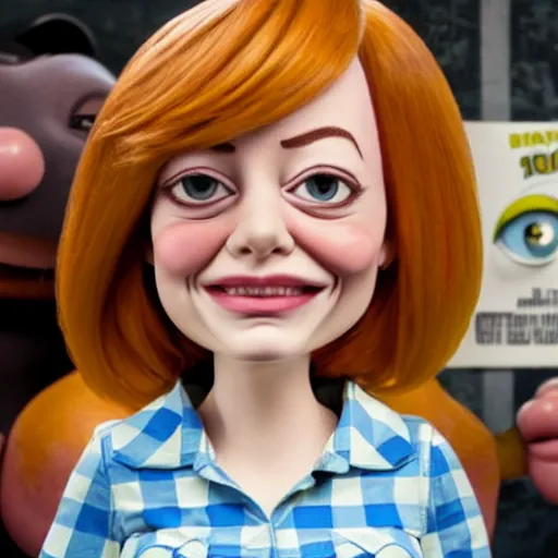 Image similar to hyperrealistic emma stone caricature surrounded by big fat frankfurter sausages by bob byerley and aardman animation, mascot, target reticles