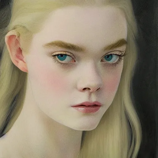 Prompt: a professional painting of Elle Fanning, clothed in ethereal armor, porcelain white skin, long blonde hair, beautiful bone structure, symmetrical facial features, intricate, elegant, digital painting, concept art, smooth, sharp focus, illustration, from Fallout 3, by Edward Hopper and Norman Rockwell and Michael Sowa and Paul Rubens