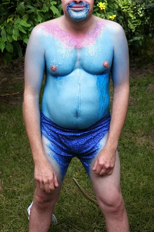 Image similar to David cross as Tobias fünke in blue body paint and cutoffs drinking glitter from a garden hose, highly detailed portrait