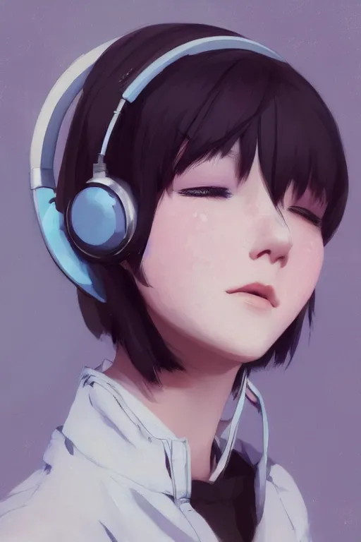 Prompt: a cute young woman listening to music with her eyes closed and wearing headphones in the style of Ilya Kuvshinov and Range Murata, white bob cut hair, freckles, blue filter, blue and white, vivid colors, soft lighting, cinematic, moody, oil on canvas by Krenz Cushart, 8k