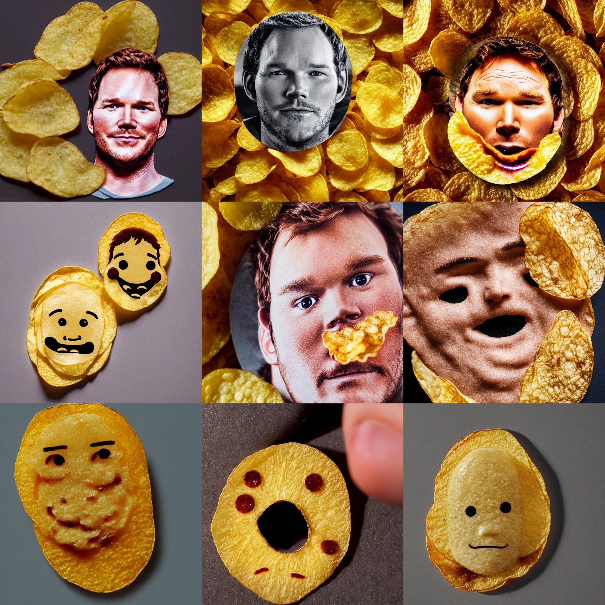 Prompt: a potato chip with the face of chris pratt, chris pratt's face on a potato chip, macro shot, high detail photo, close up, cute, adorable