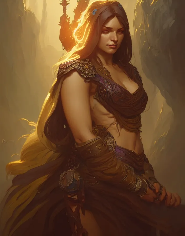 Image similar to portrait of f beautiful female mage, d & d, qpao fantasy, flat lighting, intricate, muscular, highly detailed, digital painting, artstation, concept art, smooth, sharp focus, illustration, art by simon bisley and greg rutkowski and alphonse mucha, natural tpose