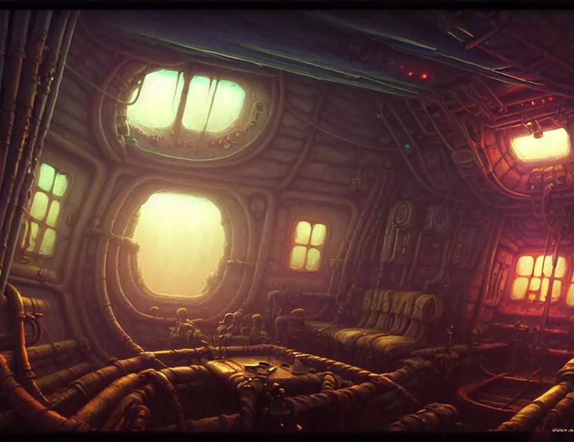 Prompt: interior view in the captain's cabin of a flying ship, d & d planescape fantasy art, artstation contest winner, beautiful digital painting in the style of dan mumford, art by kev chan, volumetric lighting, concept art, speedpainting, fantasypunk, deep colors, cgsociety, by gerald brom, by greg rutkowski, by ruan jia