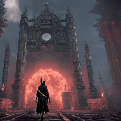 Image similar to a stunning ancient shrine in bloodborne that is radiating a malicious aura, screenshot from bloodborne, highly - detailed, professional work