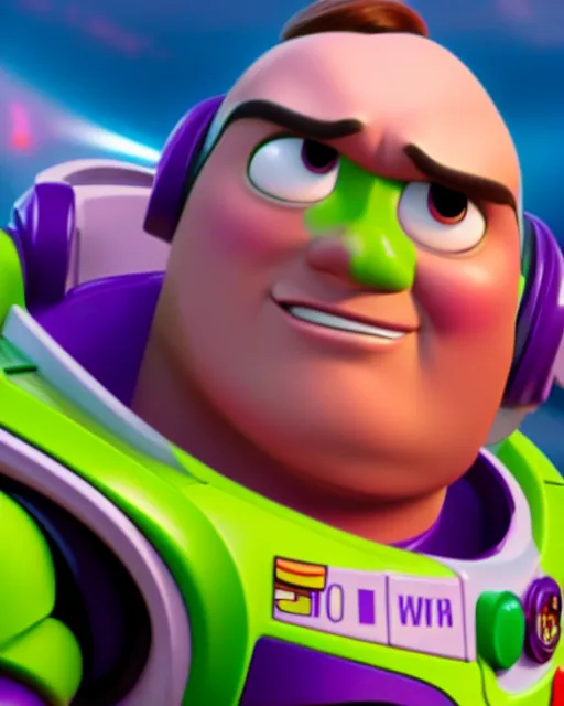 Image similar to Film still close-up shot of Jack black as Buzz Lightyear in the movie Toy Story 3. Photographic, photography