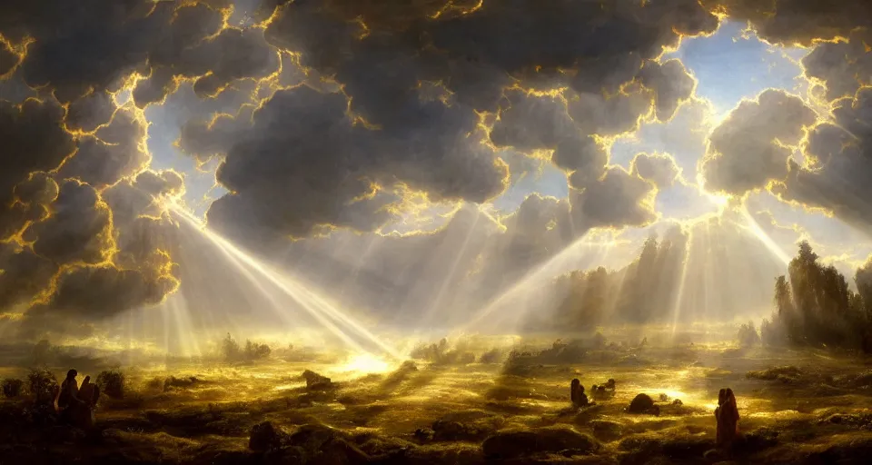 Prompt: heaven!! angels!! god rays, by eugene von guerard, ivan shishkin, dramatic lighting, concept art, trending on artstation, 8 k