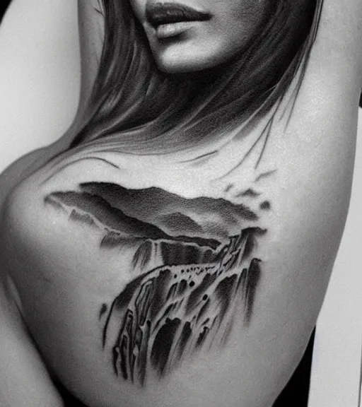 Image similar to tattoo design sketch of a beautiful girl with a faded mountain background, in the style of den yakovlev, black and white, realism tattoo, hyper realistic, highly detailed