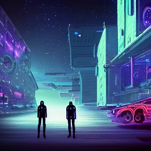 Image similar to photo of sci-fi citizens and vehicles, holographic trees, on the Moon, long shadows, in a Russian cyberpunk city called Neo Norilsk, pitch black sky with stunning bright stars, bright sun, high contrast, diverse outfits, lively, freaky, black sky full of stars, LEDs, holograms, blinding bright sun, sci-fi, cyberpunk outfits, photorealistic, grainy, 35mm, intricate, very very beautiful, elegant, smooth, cinematic, Unreal Engine 5, by Beeple