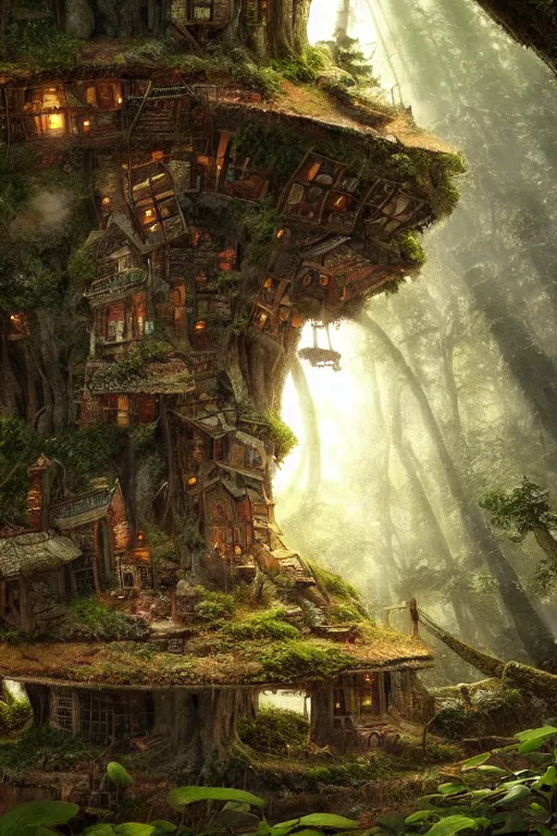 Image similar to a miniature city built into the trunk of a single colossal tree in the forest, with tiny people, in the style of craig mullins, lit windows, close - up, low angle, wide angle, awe - inspiring, highly detailed digital art