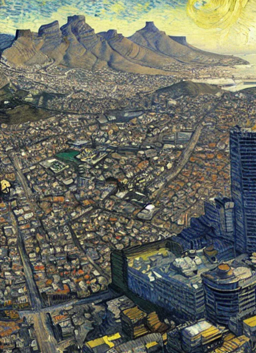 Image similar to hyper realistic cape town city,. painted by vincent van gogh and chiara bautista and norman rockwell and greg rutkowski weta studio, and lucasfilm