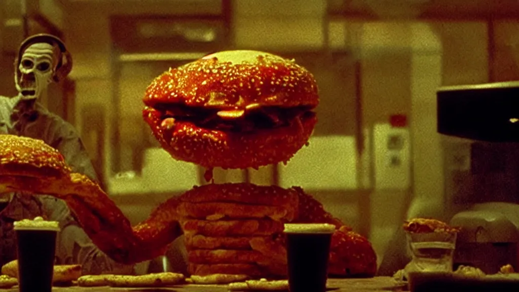 Prompt: the strange pizza creature at the fast food place, film still from the movie directed by denis villeneuve and david cronenberg with art direction by salvador dali and zdzisław beksinski, wide lens