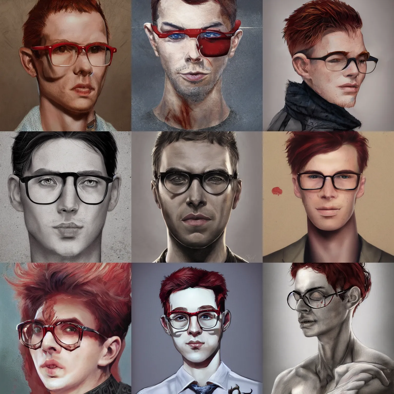 Prompt: portrait of a thin young man with red hair, freckles on his face, horn - rimmed glasses, intricate, elegant, highly detailed, digital painting, artstation, concept art, sharp focus, illustration, art by aleksi briclot, rutkowski