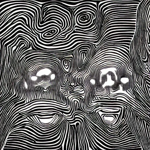 Prompt: abstract black and white stochastic equations showing human faces (psychedelic), showing happiness and sadness