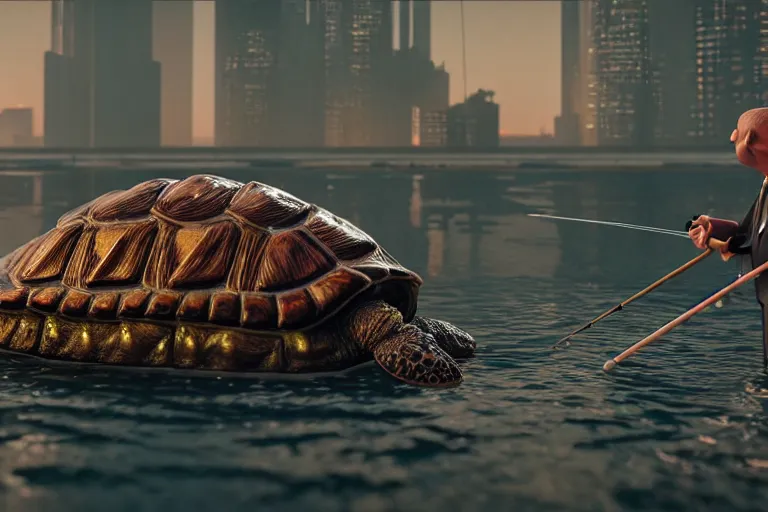 Prompt: hyperrealism photography simulation highly detailed human turtles'wearing detailed tuxedos and smoking, fishing in hyperrealism scene from cyberpunk movie from future by wes anderson and denis villeneuve and mike winkelmann rendered in blender and octane render