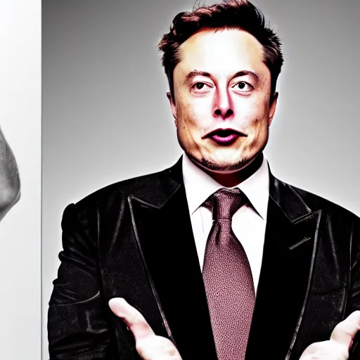 Prompt: 4 k highly detailed portrait face photography of elon musk yelling at his employees wearing a dress from lady gaga