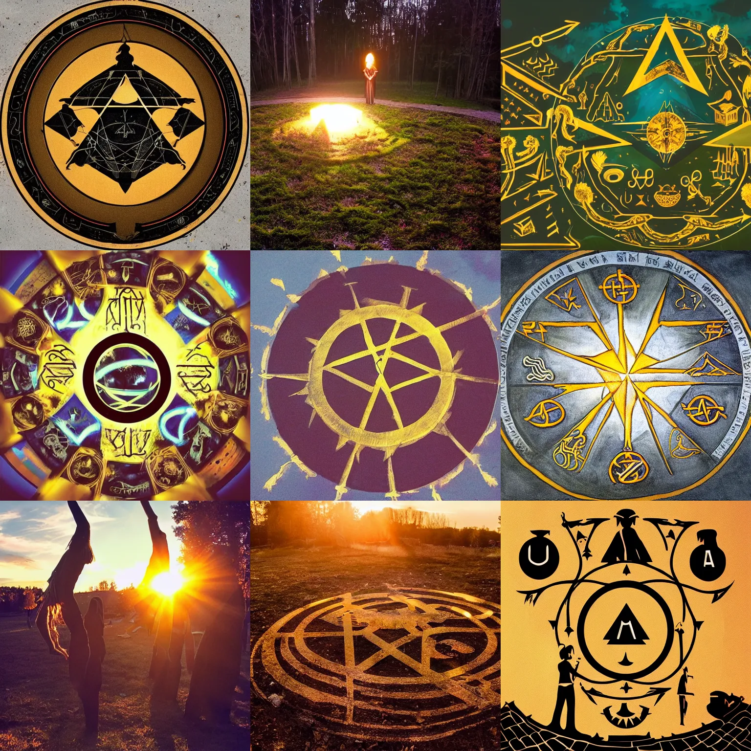 Prompt: a ritual of summoning in the land of sigils, angular, golden hour, recursive