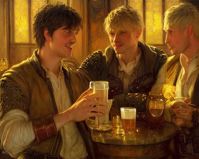 Prompt: attractive arthur pendragon and attractive merlin, both around 2 5 years old go to a pub together to have some drinks. highly detailed painting by gaston bussiere, craig mullins, j. c. leyendecker 8 k