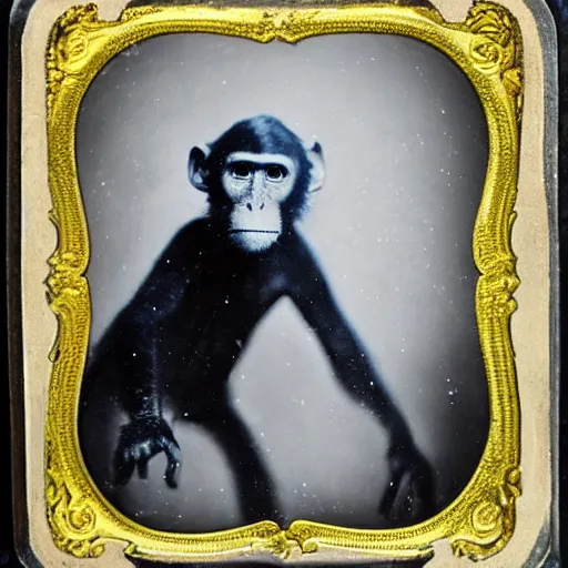 Image similar to tintype photo, underwater with bubbles, monkey rides a jellyfish