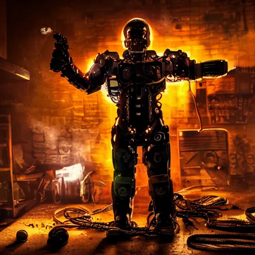 Image similar to cyborg with gatlinger gun hands, tangles of metallic cables, dark messy smoke - filled cluttered workshop, dark, dramatic lighting, orange tint, sparks, plasma charges, cinematic, highly detailed, sci - fi, futuristic, movie still