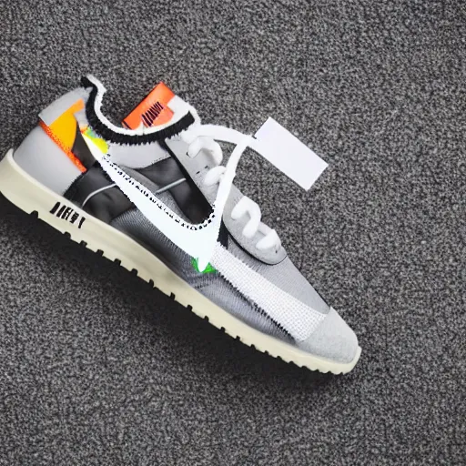 Image similar to a studio photoshoot of Nike Off-white running sneakers designed by Virgil Abloh, soft suede with knitted mesh material, rubber Waffle outsole, realistic, color film photography by Tlyer Mitchell, 35 mm, graflex