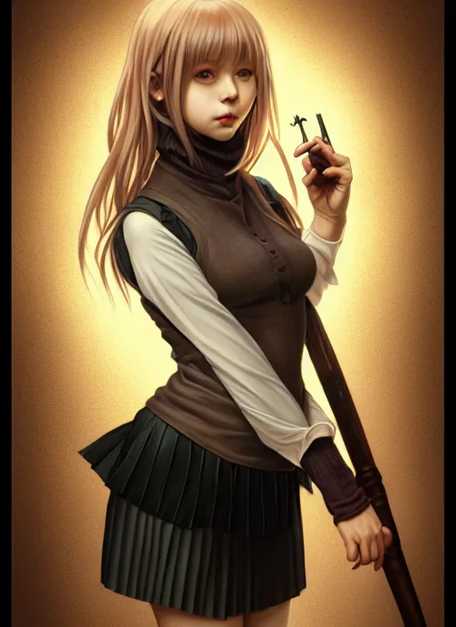 Image similar to portrait of a full body of beautiful young female detective, d & d, sleeveless turtleneck, pleated skirt, fantasy, flat lighting, intricate, highly detailed, digital painting, artstation, concept art, smooth, sharp focus, illustration, misa amane, art by simon bisley and greg rutkowski and alphonse mucha, natural tpose