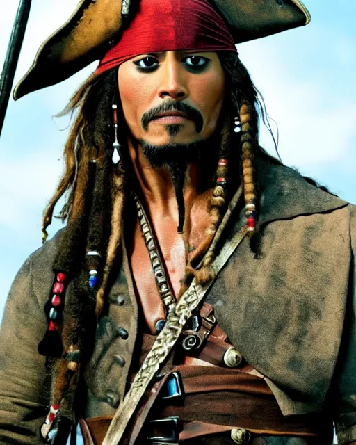 Prompt: Film still close-up shot of Dwayne Johnson as Captain Jack Sparrow from the movie Pirates of the Caribbean. Dwayne The Rock Johnson Photographic, photography