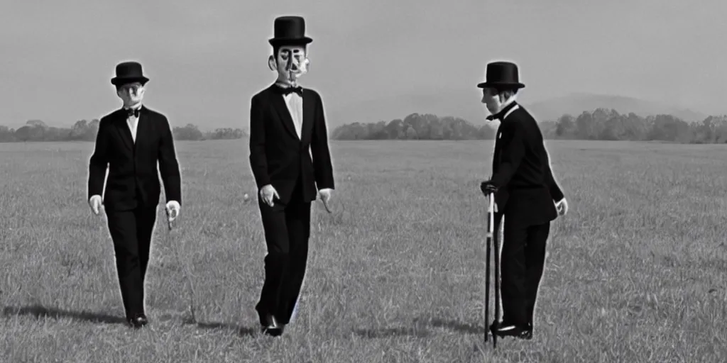 Image similar to a still of a 60s movie of a man holding a cane wearing a black suit and a bowler hat with a robotic face walking in a empty field