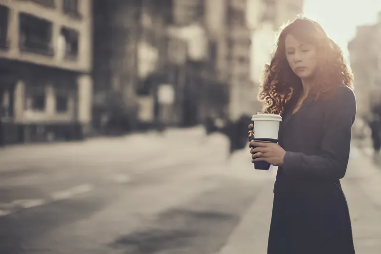 Prompt: Flim still of a woman drinking coffee, walking to work, long shot, wide shot, full shot