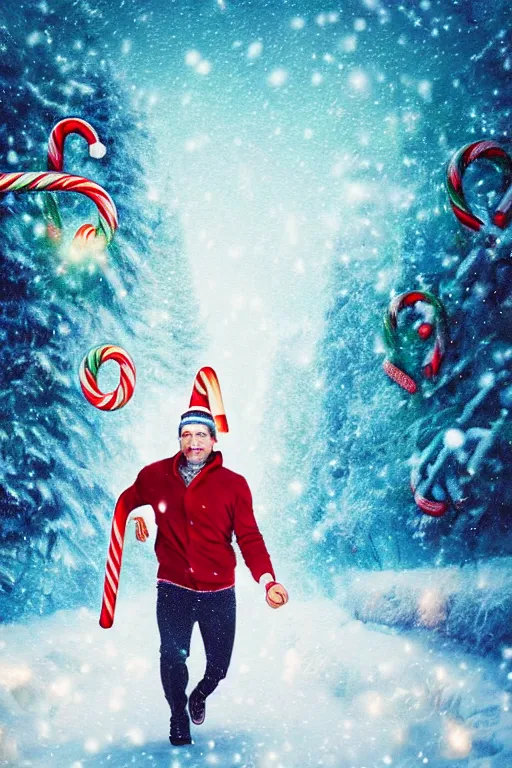 Prompt: a man running through a snowy christmas fantasy landscape, giant candy canes, colorful magic effects, olive skin, portrait, male, sharp focus, digital art, concept art, dynamic lighting, by emylie boivin and rossdraws