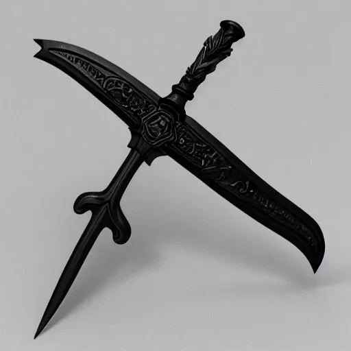 Prompt: a black long sword skull crest, orthographic, ornament, weapon, a 3 d render by dom qwek, trending on polycount, artstation, hard surface modeling, rendered in maya, 3 ds max, blender, hd, vray