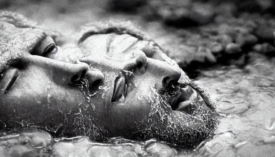 Prompt: 1 9 6 0 s movie still close up of marcus aurelius frozen to death in a river with gravel and pebbles, pine forests, cinestill 8 0 0 t 3 5 mm b & w, high quality, heavy grain, high detail, texture, dramatic light, anamorphic, hyperrealistic, foggy