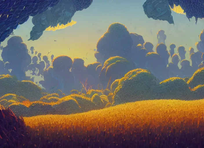 Image similar to concept art of a landscape made of corn on the cob, cel shaded, in the style of makoto shinkai and moebius and peter mohrbacher and anton fadeev