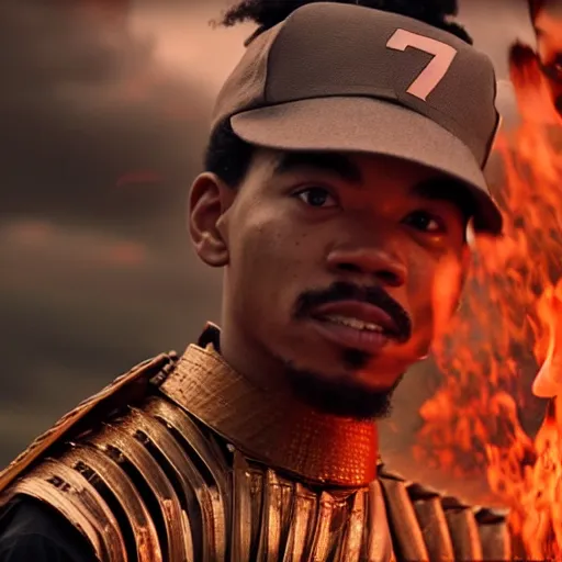 Image similar to cinematic film still of Chance The Rapper starring as a Samurai holding fire, Japanese CGI, VFX, 2022, 40mm lens, shallow depth of field, film photography