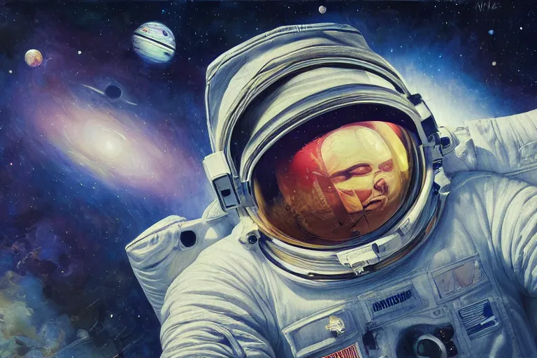 Prompt: trippy astronaut in space, oil on canvas, intricate, portrait, 8k highly professionally detailed, HDR, CGsociety, illustration painting by Mandy Jurgens and Małgorzata Kmiec and Dang My Linh and Lulu Chen and Alexis Franklin and Filip Hodas and Pascal Blanché and Bastien Lecouffe Deharme, detailed intricate ink illustration, heavenly atmosphere, detailed illustration, hd, 4k, digital art, overdetailed art, concept art, complementing colors, trending on artstation, Cgstudio, the most beautiful image ever created, dramatic, subtle details, illustration painting by alphonse mucha and frank frazetta daarken, vibrant colors, 8K, style by Wes Anderson, award winning artwork, high quality printing, fine art, gold elements, intricate, epic lighting, very very very very beautiful scenery, 8k resolution, digital painting, sharp focus, professional art, atmospheric environment, art by artgerm and greg rutkowski, by simon stålenhag, rendered by Beeple, by Makoto Shinkai, syd meade, 8k ultra hd, artstationHD, 3d render, hyper detailed, elegant, by craig mullins and marc simonetti, Ross Tran and WLOP, by Andrew Wyeth and Gerald Brom, John singer Sargent and James gurney