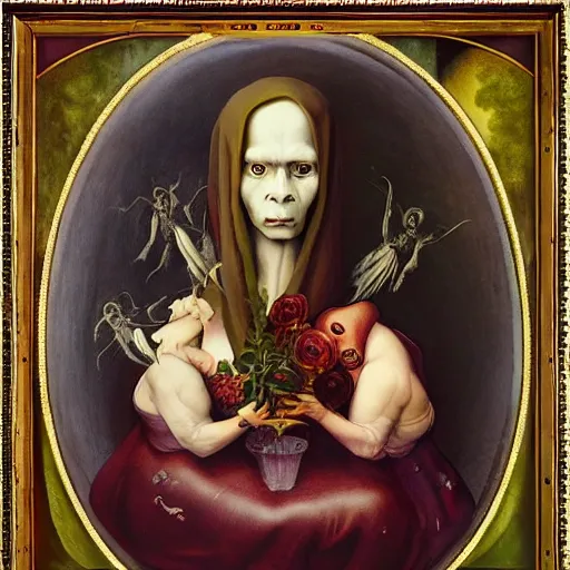 Image similar to semi - realistic weird and scary beautiful metaphysical portrait gothic style in style of hieronymus bosch anne stoke sharp focus 8 k holografic roses