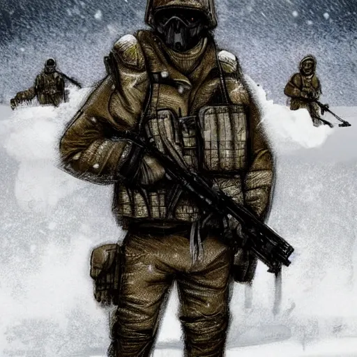 Prompt: multiple soldiers wearing arctic clothing, riot gear, in snow storm, apocalyptic, artstation