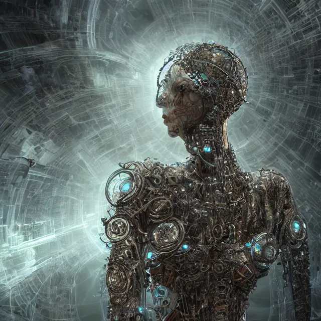 Image similar to timeless cybernetic deity with circuitry skin and networked mind tripping on acid, intricate detail, royo, whealan, giger, klimt, hd, octane render, unreal engine,