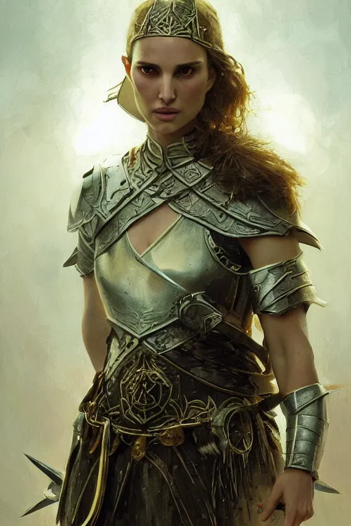 Image similar to natalie portman, legendary warrior, heroic, lord of the rings, tattoos, decorative ornaments, battle armor, by carl spitzweg, ismail inceoglu, vdragan bibin, hans thoma, greg rutkowski, alexandros pyromallis, perfect face, fine details, realistic shading photorealism